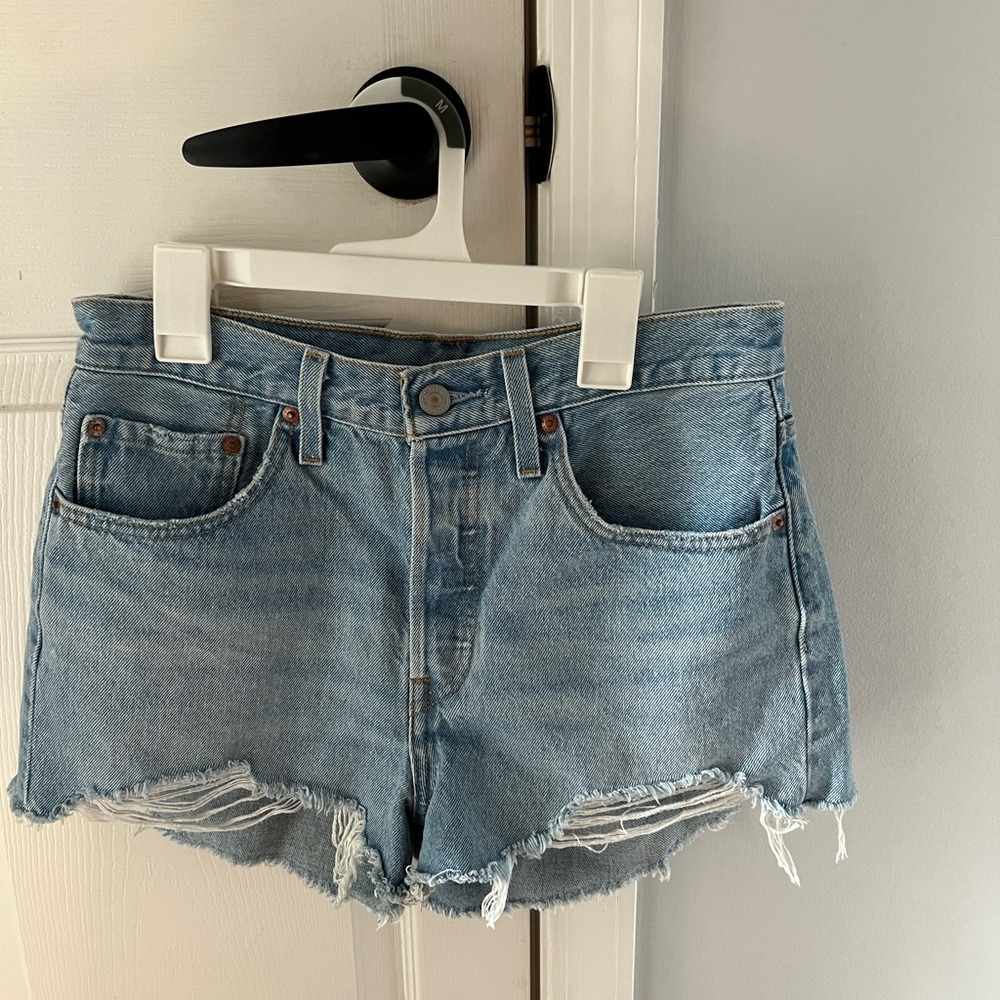 Light Blue Denim Cutoff Shorts - Women's Casual Frayed Hem